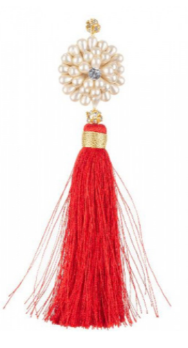 Красная кисточка с цветком из жемчужин 18 см