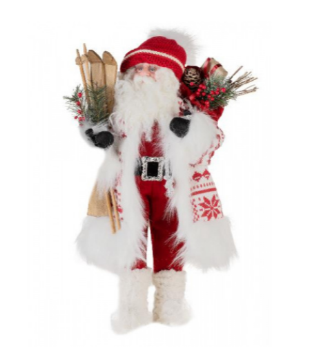 Дед Мороз лесной в красном берете и белой шубе с лыжами и подарками, 48 см