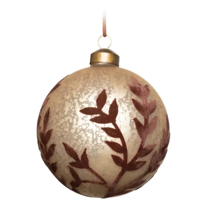 Шар ЛИСТЬЯ с бархатом D10 см, стекло, шампань, коричневый