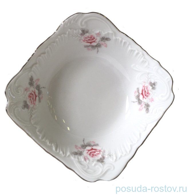 Салатник 17 см квадратный Cmielow Рококо / Серая роза/Платина