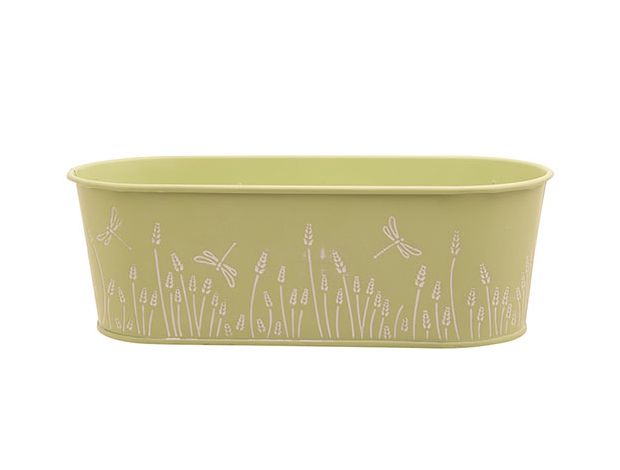 Горшок для растений овальный 27,5X11,5XH9,4CM, металл, цвет зеленый с белым декором