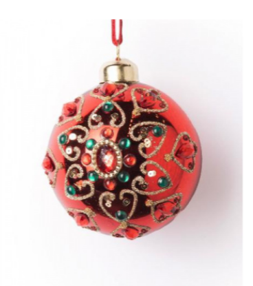 Красный шар с орнаментом из разноцветных страз 8 см