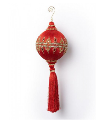 Красный шар с золотым орнаментом и кисточкой d 12 h 32 см