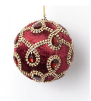 Шар малиновый вельветовый с золотым узором и стразами 10 см